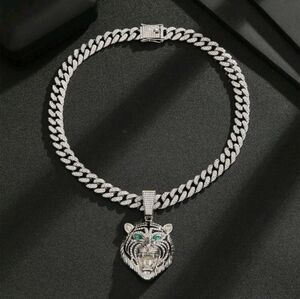 Iced Out Full Rhinestone Jumbo Tiger Head Pendant And Cuban Chain Necklace 20.5"